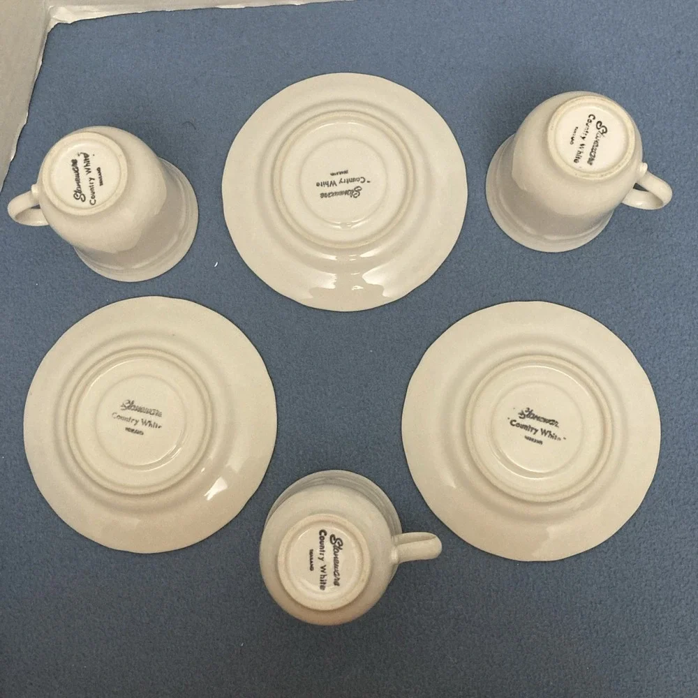 Stoneware Country White French Country Design Coffee Cup‎ with Saucer - Set of 7